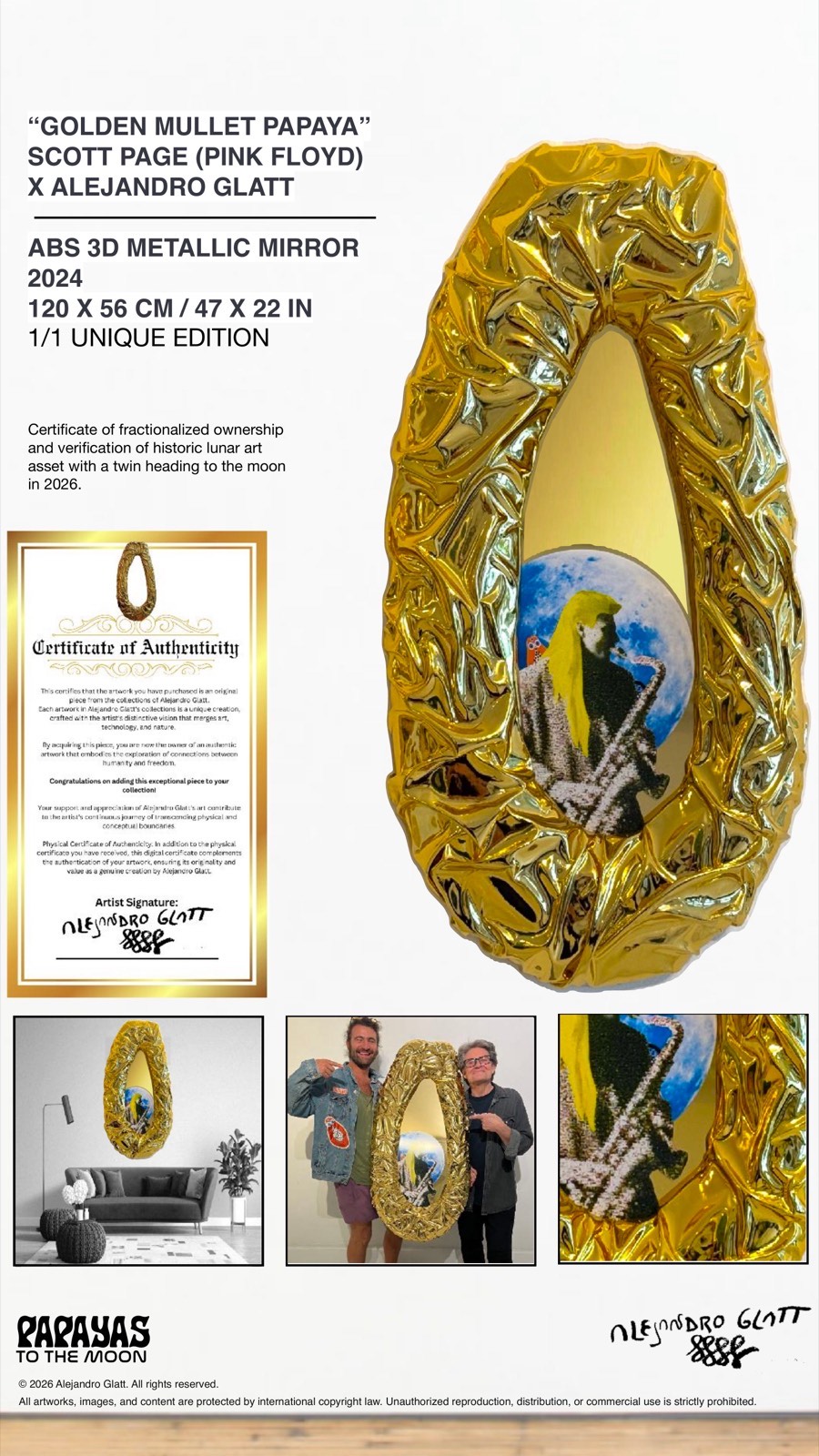 Golden Mullet Papaya - Scott Page (Pink Floyd) x Alejandro Glatt - ABS 3D Metallic Mirror, 2024, 120x56cm