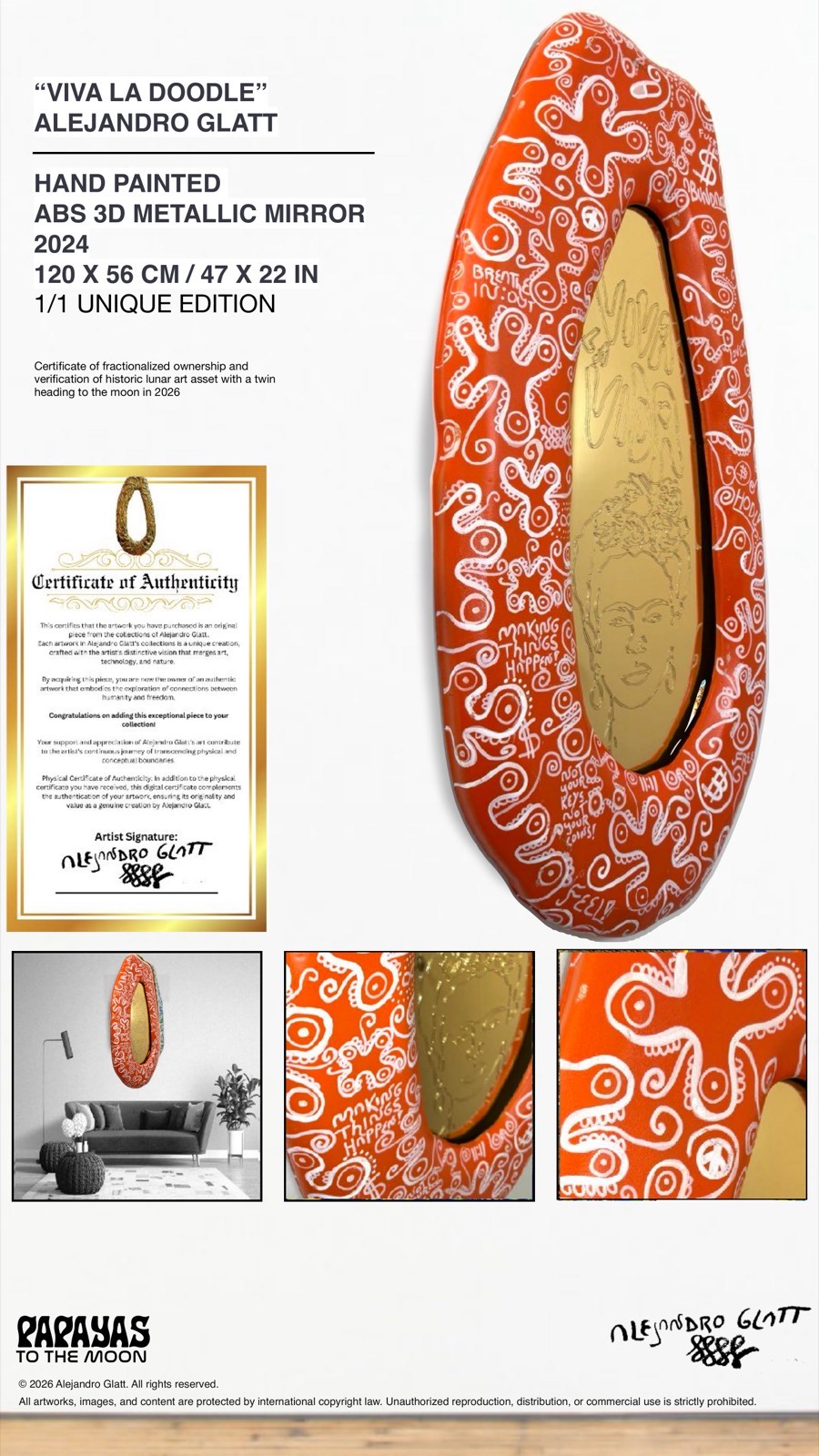 Viva La Doodle - Hand Painted ABS 3D Metallic Mirror, 2024, 120x56cm