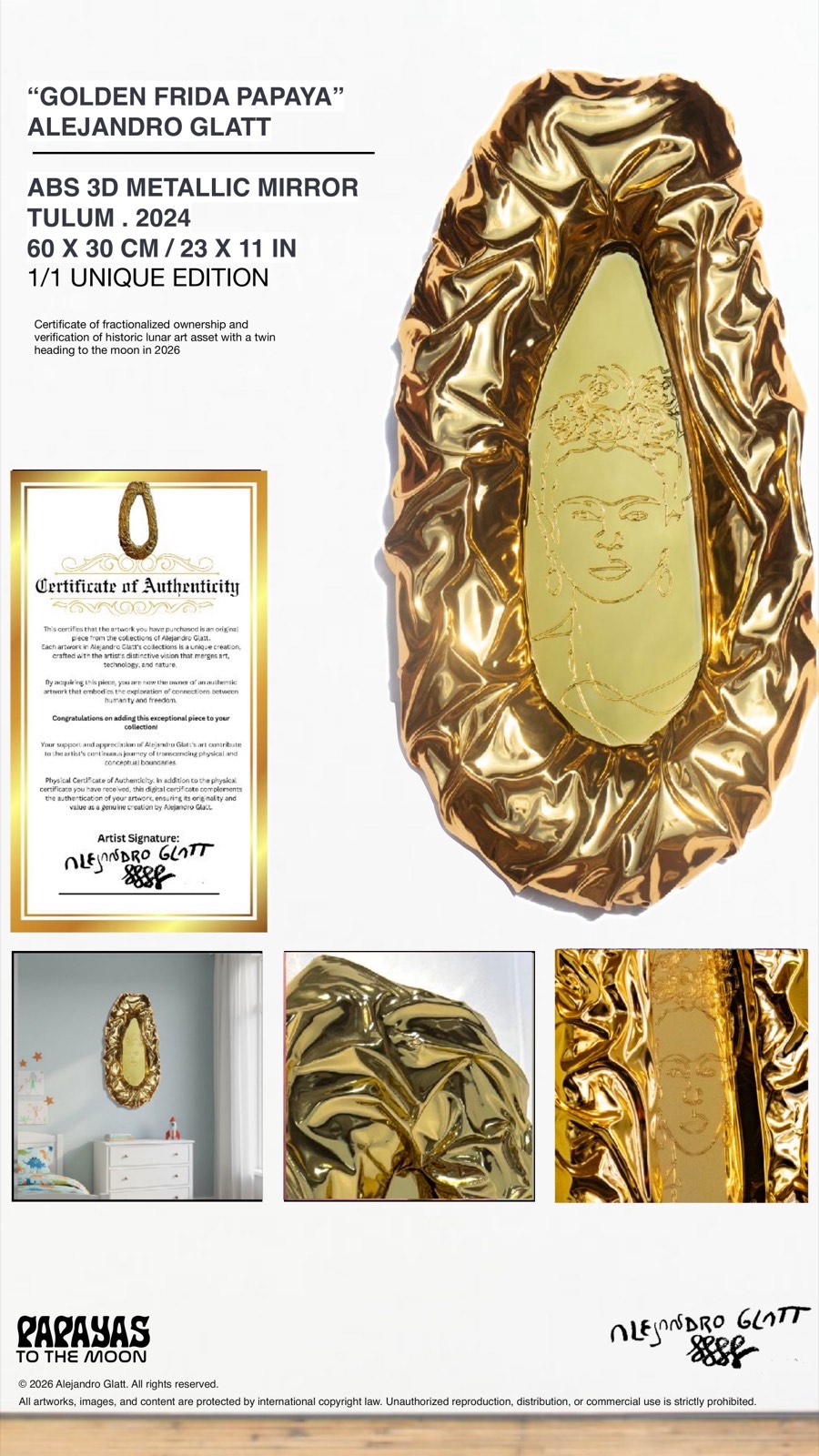 Golden Frida Papaya - ABS 3D Metallic Mirror, Tulum 2024, 60x30cm