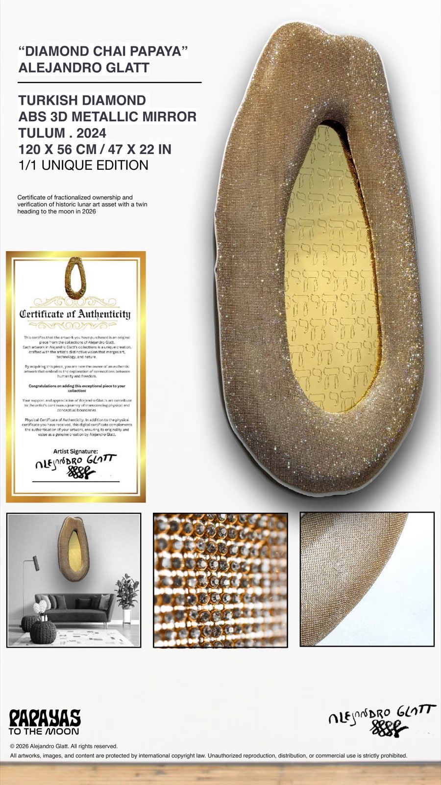 Diamond Chai Papaya - Turkish Diamond ABS 3D Metallic Mirror, Tulum 2024, 120x56cm