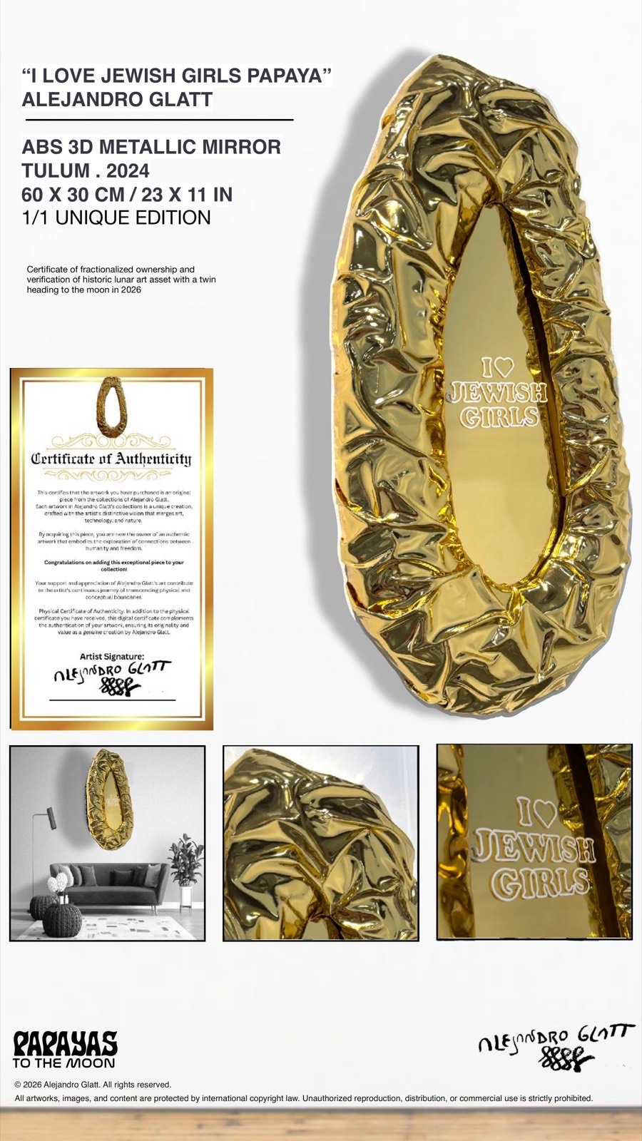 I Love Jewish Girls Papaya - ABS 3D Metallic Mirror, Tulum 2024, 60x30cm