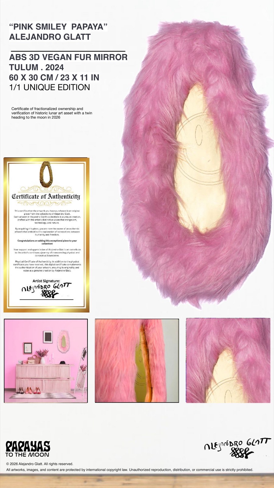 Pink Smiley Papaya - ABS 3D Vegan Fur Mirror, Tulum 2024, 60x30cm