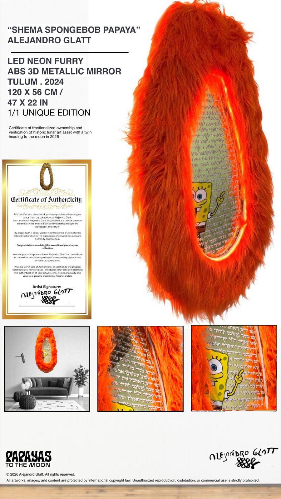 Shema Spongebob Papaya - LED Neon Furry ABS 3D Metallic Mirror, Tulum 2024, 120x56cm