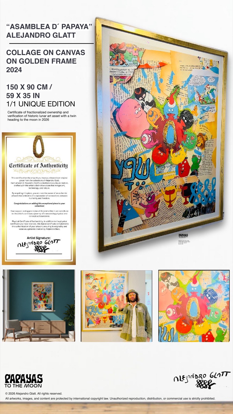 Asamblea D Papaya - Collage on Canvas on Golden Frame, 2024, 150x90cm