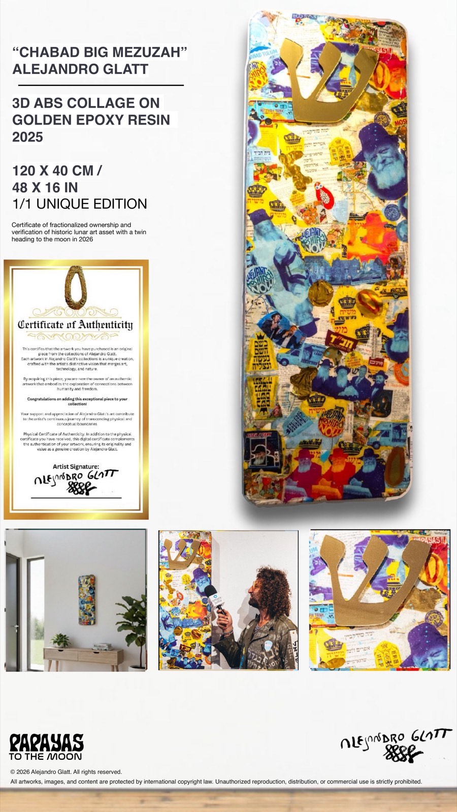 Chabad Big Mezuzah - 3D ABS Collage on Golden Epoxy Resin, 2025, 120x40cm