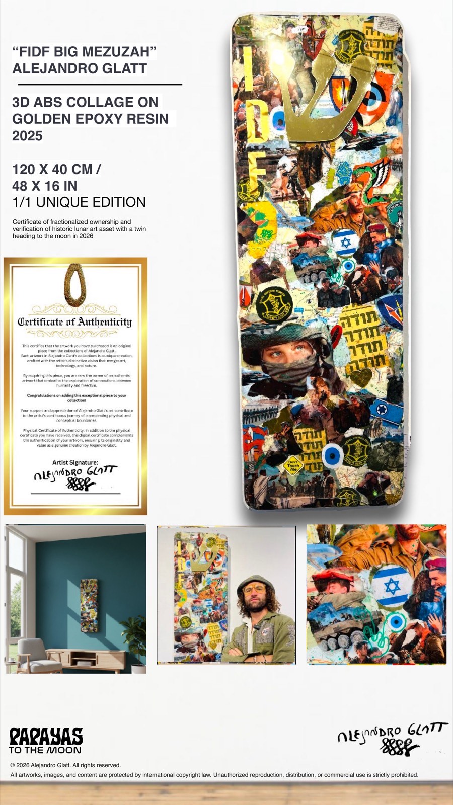 FIDF Big Mezuzah - 3D ABS Collage on Golden Epoxy Resin, 2025, 120x40cm