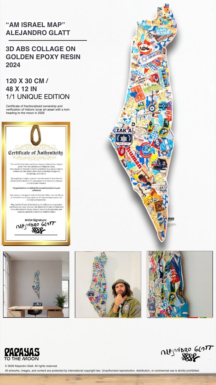 Am Israel Map - 3D ABS Collage on Golden Epoxy Resin, 2024, 120x30cm