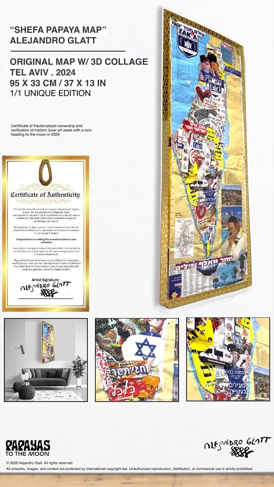 Shefa Papaya Map - Original Map w/ 3D Collage, Tel Aviv 2024, 95x33cm