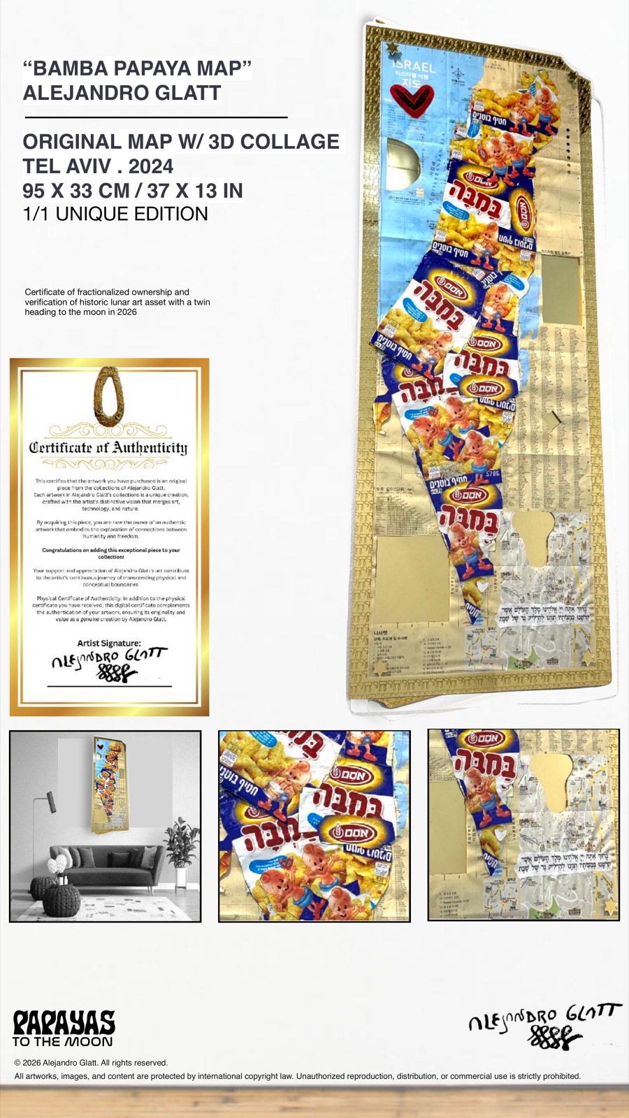 Bamba Papaya Map - Original Map w/ 3D Collage, Tel Aviv 2024, 95x33cm