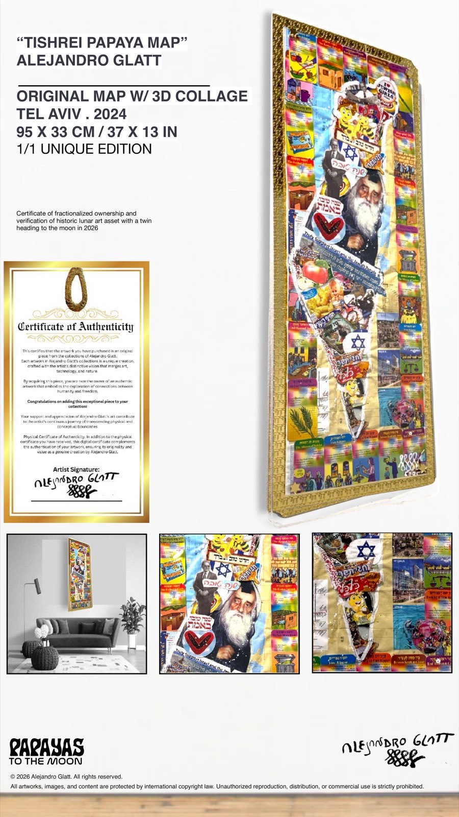 Tishrei Papaya Map - Original Map w/ 3D Collage, Tel Aviv 2024, 95x33cm